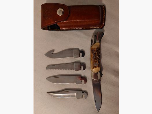 Böker Optima Hirschhorn Taschenmesser/ Jagdmesser inkl. Leder Etui, Aufreißklinge, Säge, Bowieklinge und 2 Droppointklingen