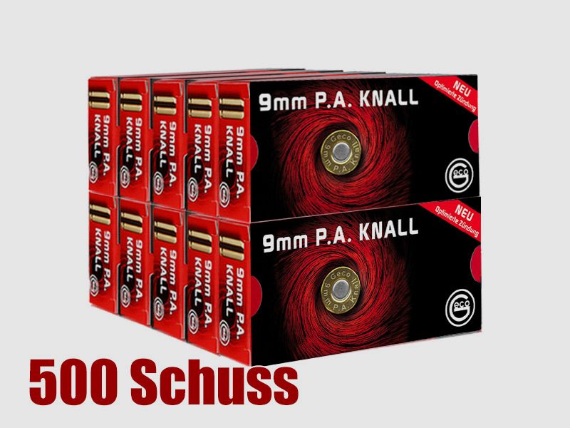 Vorteilspack Platzpatronen Geco Kaliber 9 mm P.A. Nitro fĂĽr Pistole Messing 500 StĂĽck (P18)