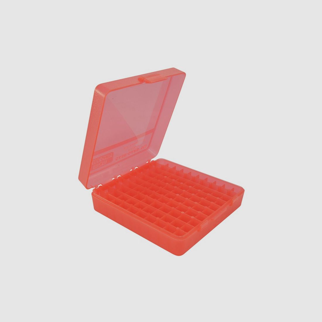 MTM scatola per cartucce P-100-9-29 rossa trasparente con coperchio a ribalta per 100 cartucce 9mm e altro.