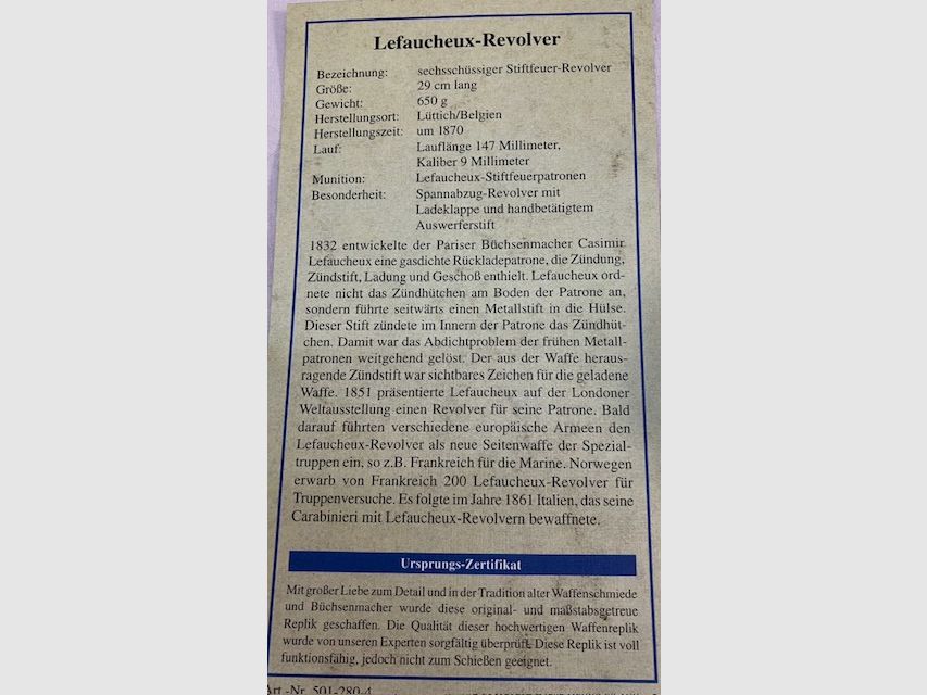 Lefaucheux Revolver 1870 Belgien  DEKO mit Göde Zertifikat