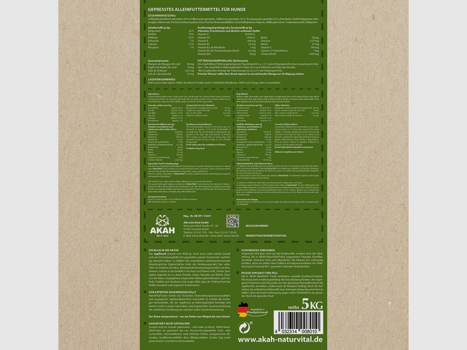 AKAH NaturVital® PREMIUM kaltgepresstes Hundefutter für Jagdhunde – 5 kg