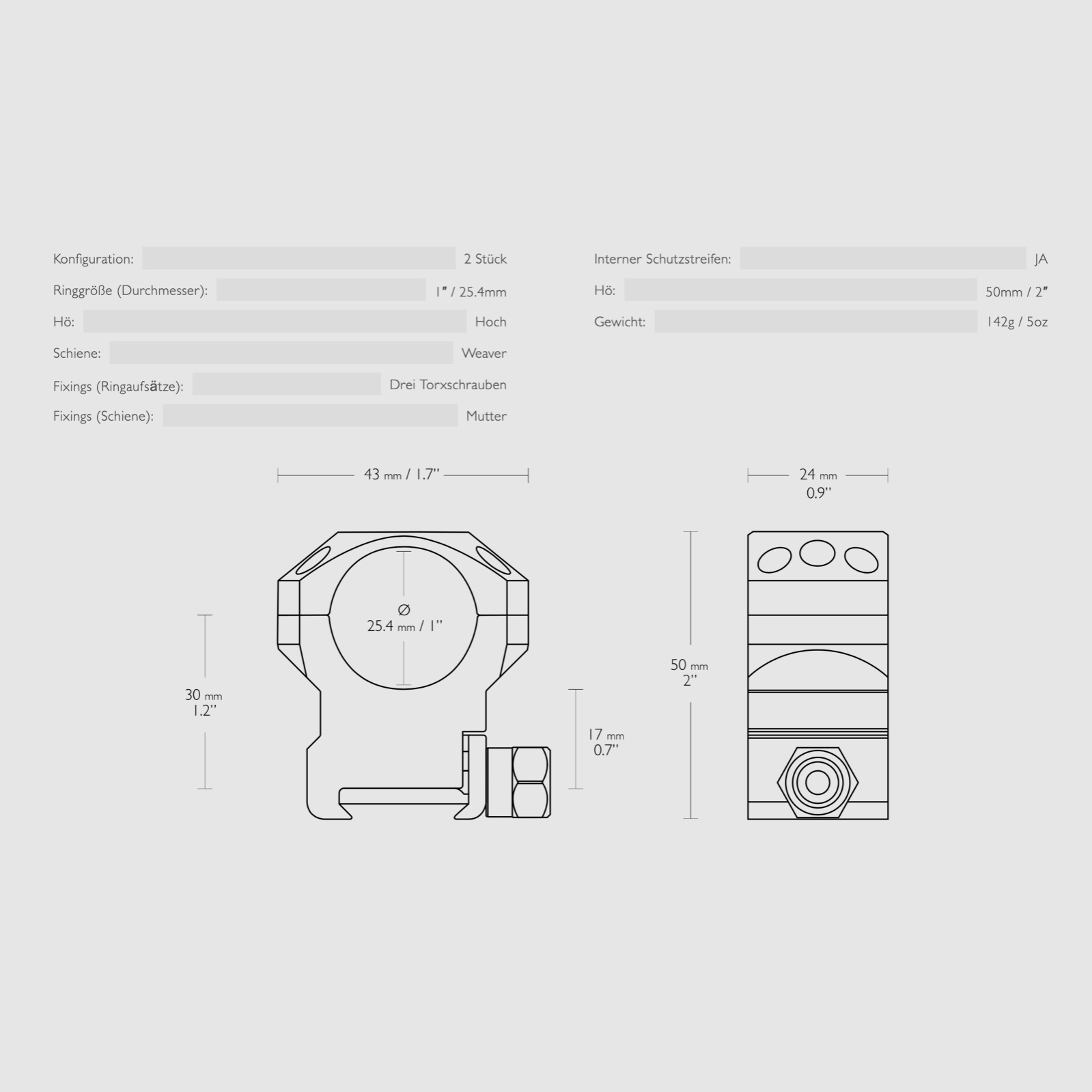 HAWKE 24112 taktische Ringmontage für Zielfernrohr Weaver 25,4 mm Hoch 2 Stück