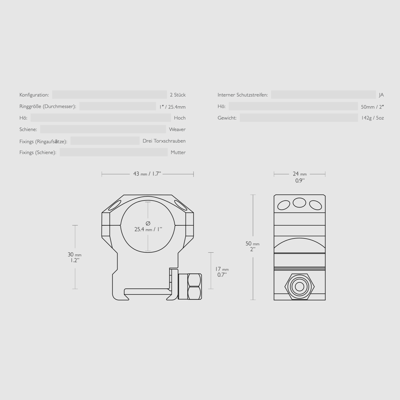 HAWKE 24112 tactical ring mount for riflescope Weaver 25.4 mm high 2 pieces