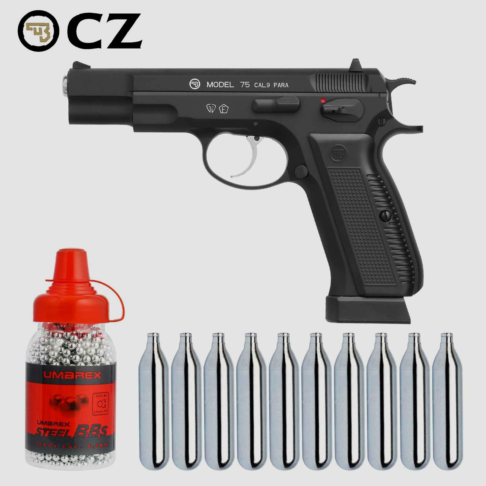 Luftpistolenset CZ 75 4,5 mm Stahl BB Co2-Pistole Vollmetall Blow Back (P18) + 10 Co2-Kapseln Umarex + 1500 Stahl BB's Umarex