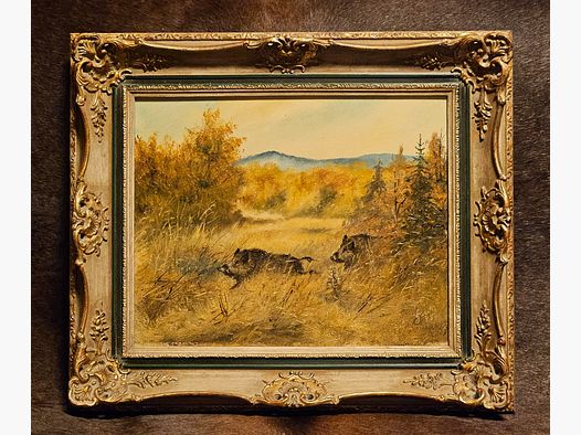 Jagdgemälde - "Getriebene Sauen" - Öl auf Leinwand - 41 cm x 35 cm mit Rahmen