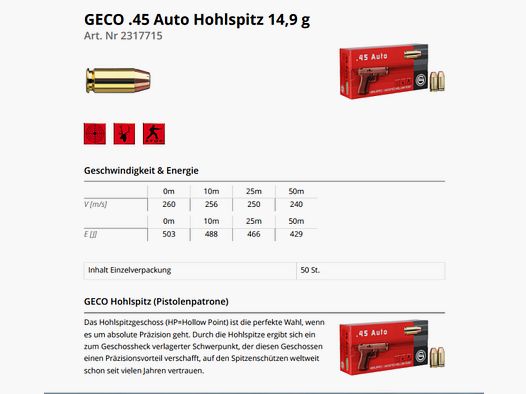 GECO Pistolenmunition .45Auto JHP 50 Stk  230grs/14,9g