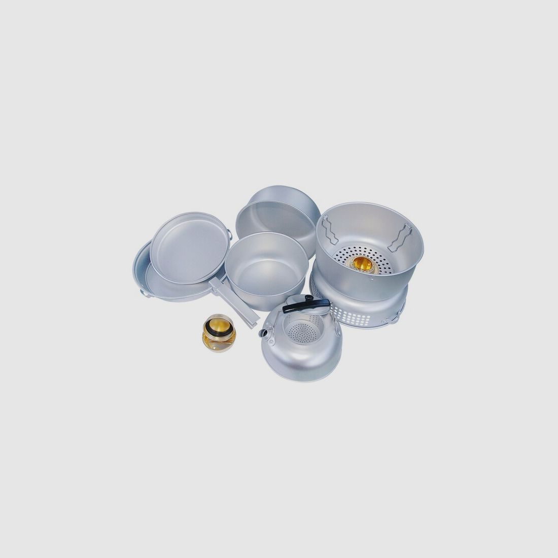 Kochset De Luxe aus Aluminium - mit Spirituskocher - leicht und handlich
