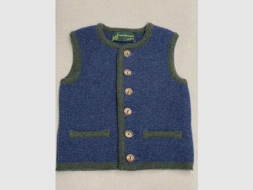 Gilet en tricot pour enfants en laine mérinos bleu denim/vert, image 1 sur 2