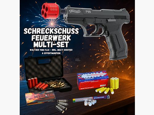 MULTI SET !!! Pistola a salve - Walther P99 - 9 mm P.A.K. inclusa custodia, Multi Shooter e 80 colpi di munizioni effetto/fuochi d'artificio