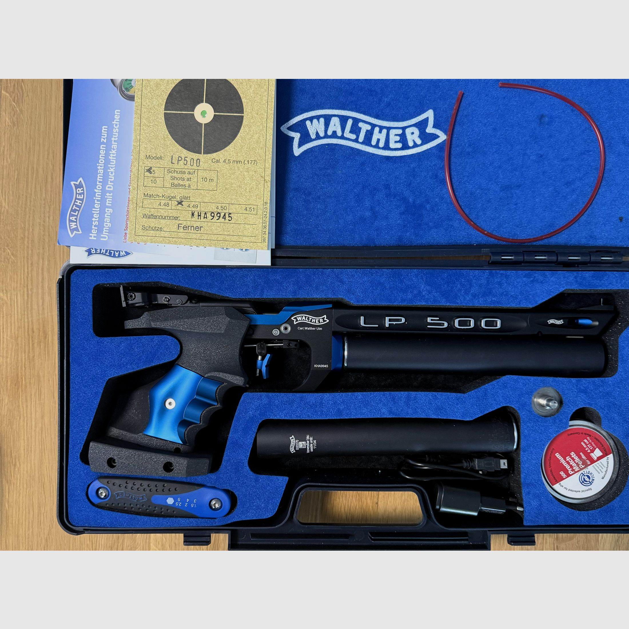 Walther LP 500 Meistermanufaktur mit el. Abzug, blau, 5D Griff M/L mit viel Zubehör