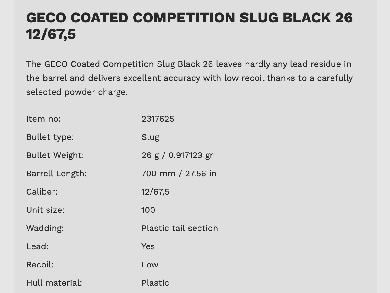 Geco 2432031 Coated Competition Slug Black 26 12 / 67,5