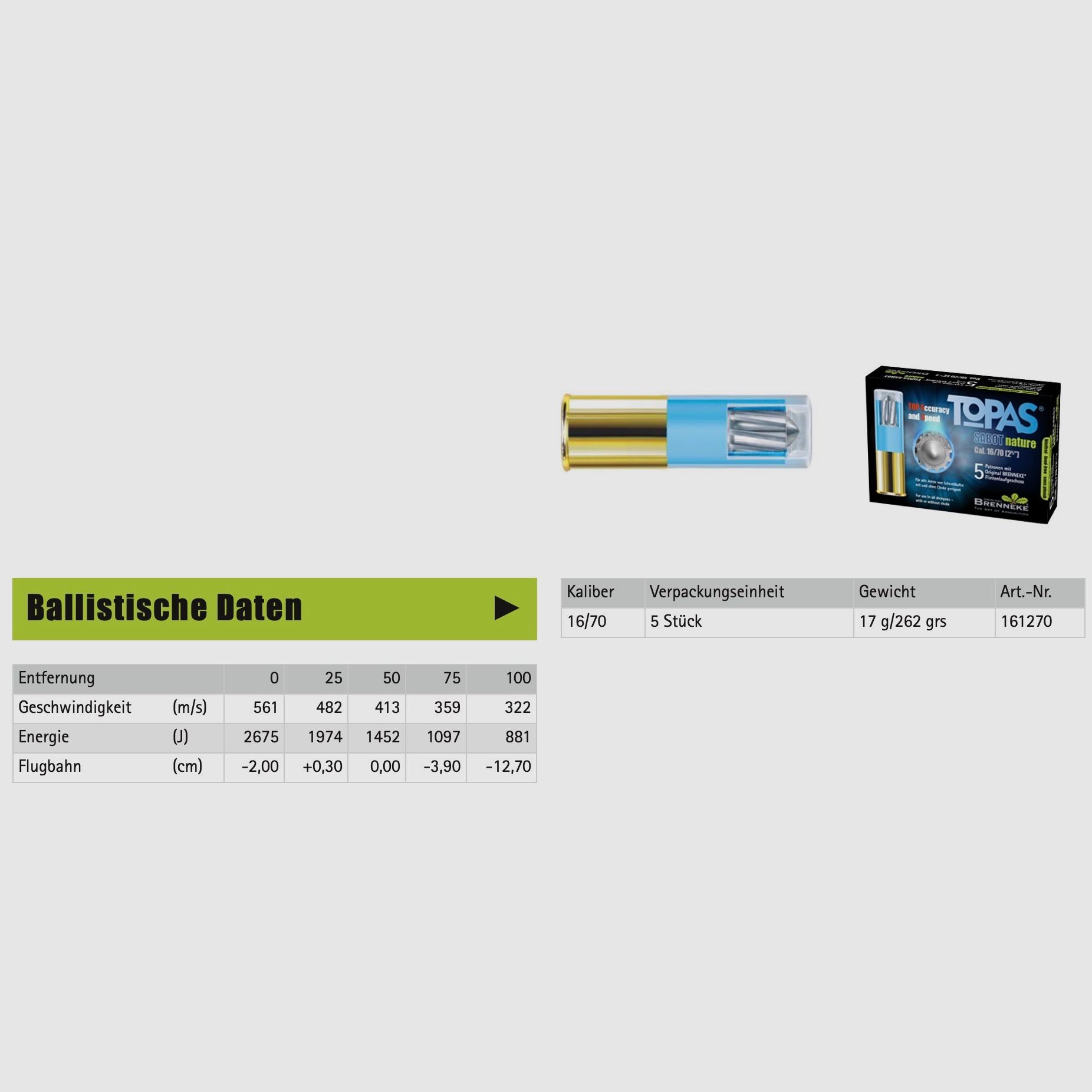 Brenneke 16/70 Topas Sabot Nature 17g/262grs. Bleifrei Flintenlaufgeschoss