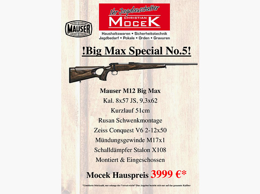 Mauser M12 Big Max, mit Zeiss Conquest V6 2-12x50 M, mit Schiene