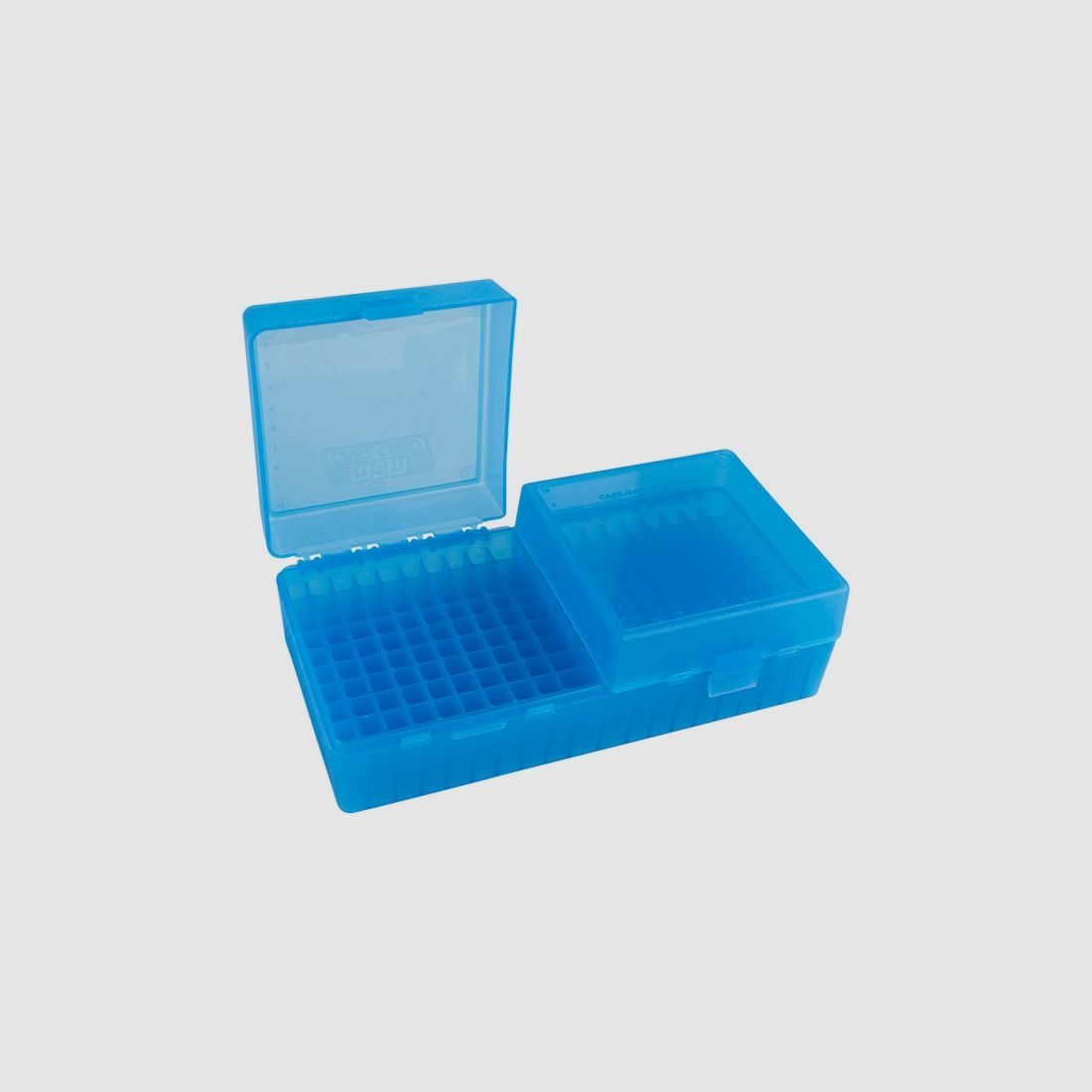 MTM scatola per cartucce RS-200-24 blu trasparente con coperchio a ribalta per 200 cartucce .223 e altre.