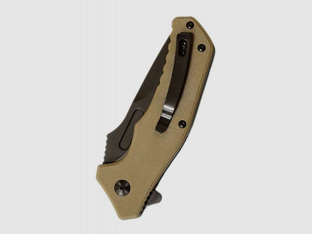 Defcon Proelia Modified Tanto Taschenmesser, schwarz beschichtet, brauner Griff