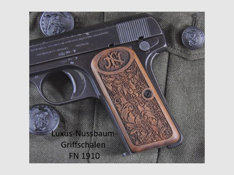 Luxus-Nussbaum-Griffschalen für Pistole FN 1910 mit Rankenverschneidung