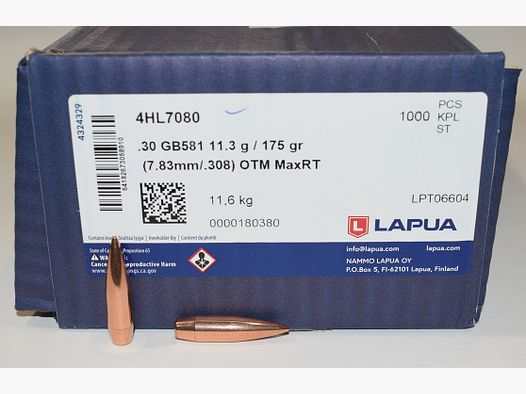 100 Geschosse Lapua Kal. 0.308 MAX RANGE TARGET HPBT in 175 Grain