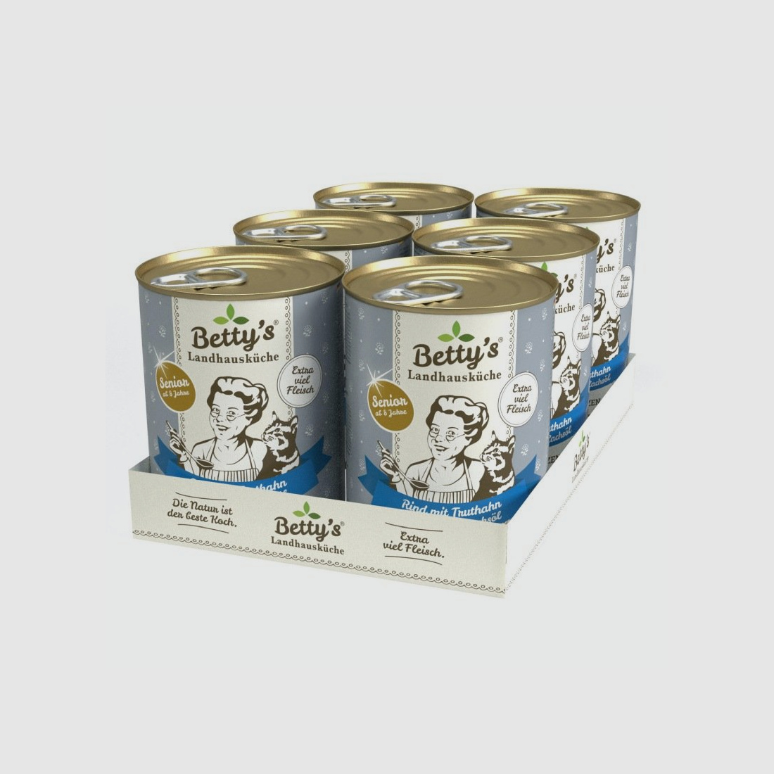 Betty's Landhausküche Katzenfutter Senior Rind mit Truthahn, Möhrchen & Lachsöl 6 x 400g