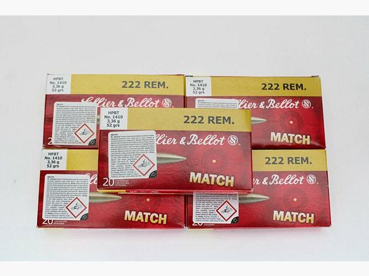 100 Schuß S&B Match .222Rem 3,36gramm 52grs. 5x20er Pack