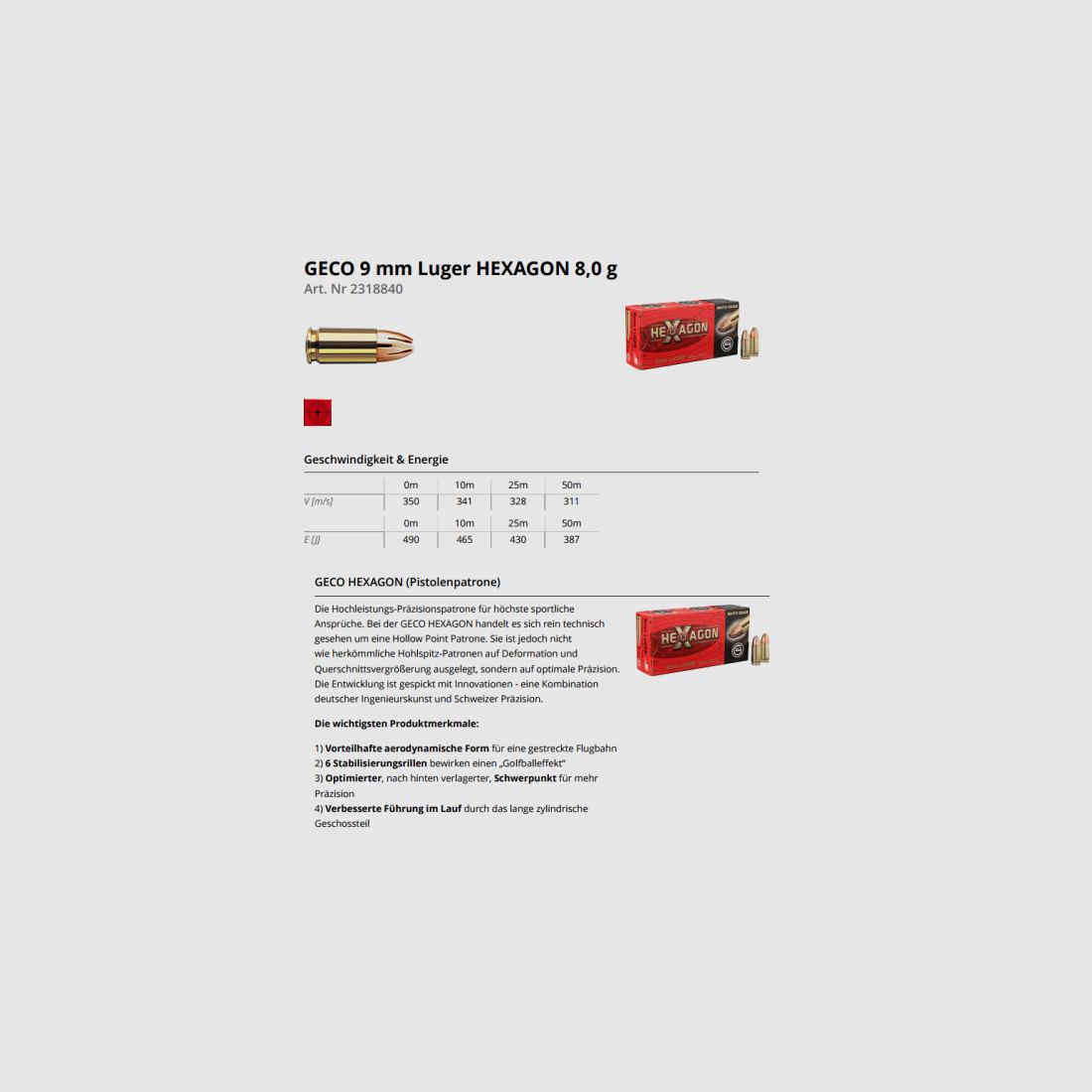 GECO Pistolenmunition 9mmLuger HEXAGON 50 Stk  124grs/8,0g