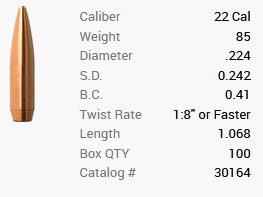 Balle Barnes .22/.224 85GR Match Burners BT 100 pièces
