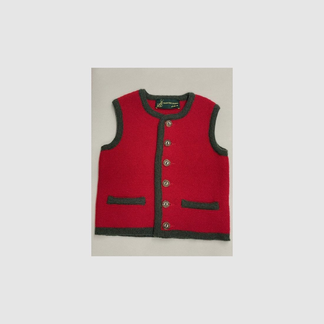 Gilet lavorato a maglia per bambini in lana merino rosso/verde, immagine 1 di 2