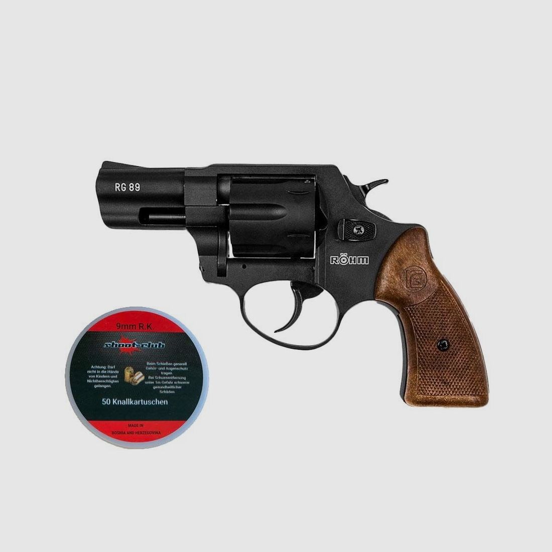 Röhm RG 89N czarny pistolet alarmowy 9 mm w zestawie z nabojami ślepymi