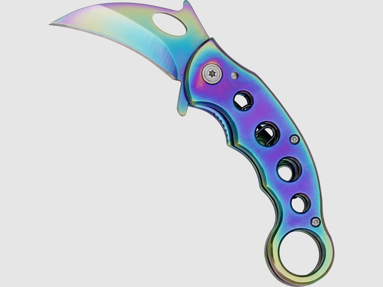 Cuchillo de bolsillo Karambit con recubrimiento arcoíris y anillo para el dedo