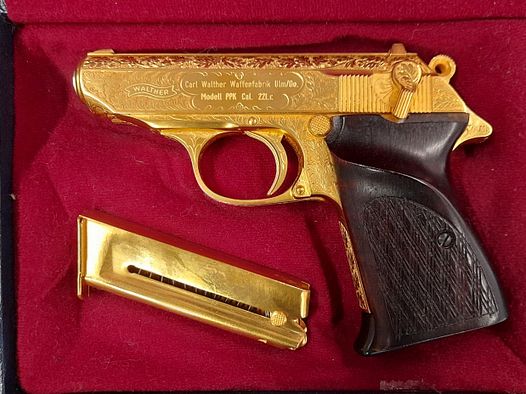 Walther PPK Gold Edition Sammlerstück in Holzschatulle Gold mit Gravur Walther PPK Sondermodell 22lr