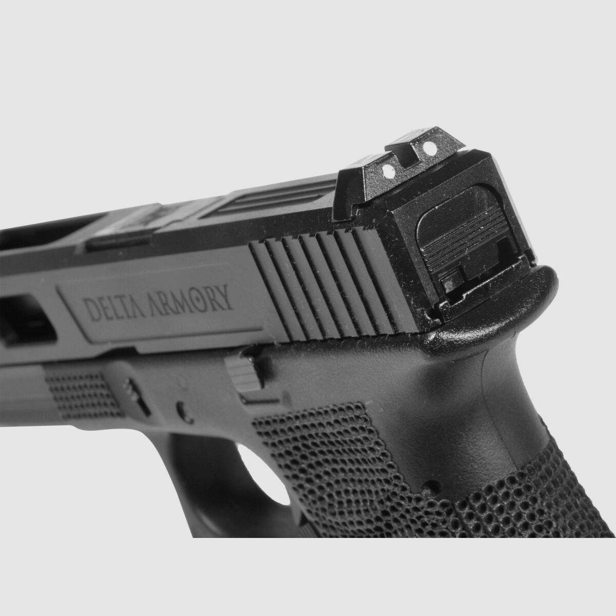 P02 GBB Airsoft Pistol with Grip Stippling in Black | Delta Armory