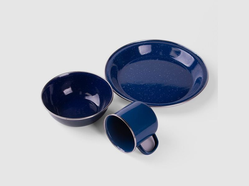 Kleines Emaille Camping-Geschirr-Set 3tlg in Blau - Tasse + Teller + Schüssel