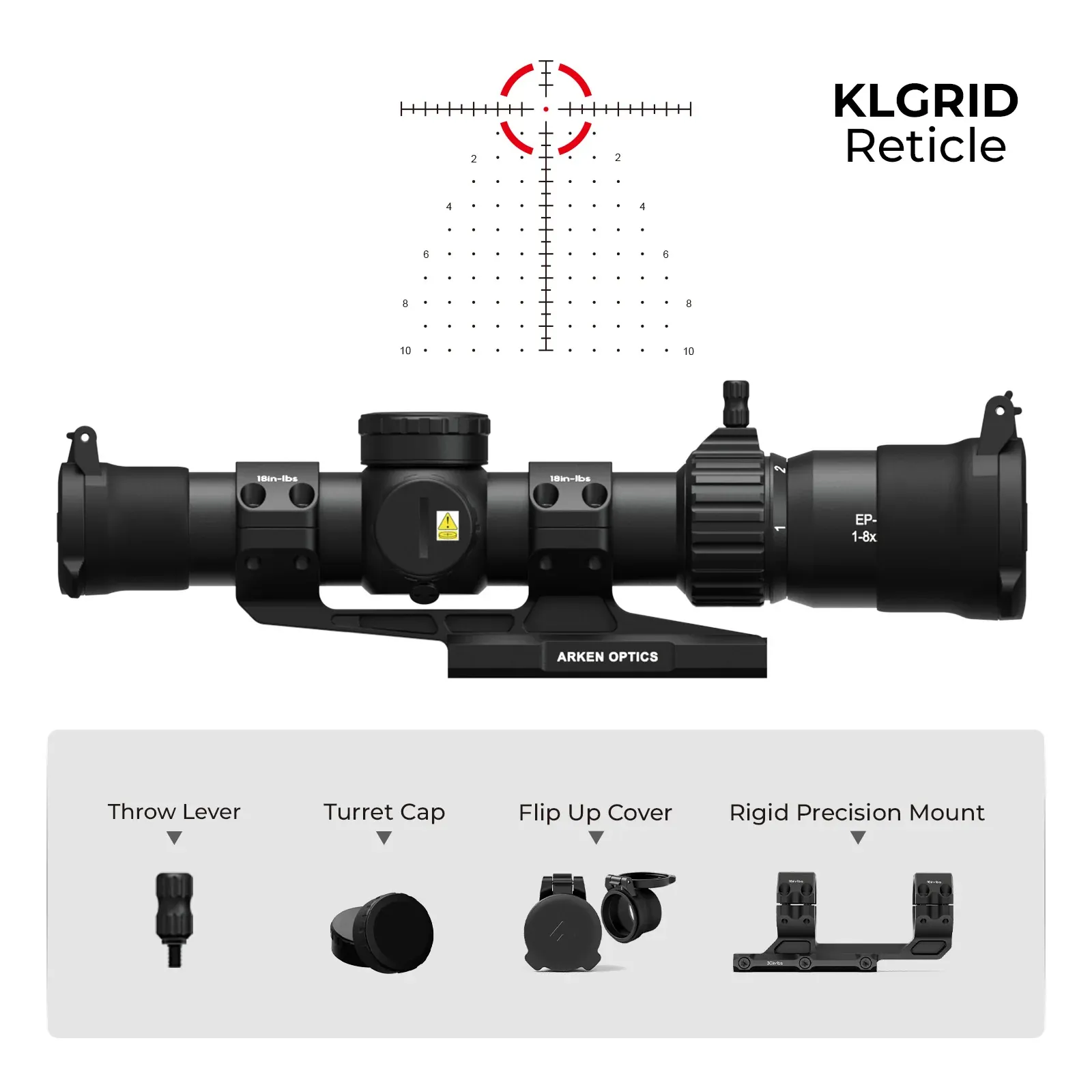 Arken Optics EP-8 1-8×28 FFP LPVO KLGrid Zielfernrohr mit Montage, billede 7 af 7