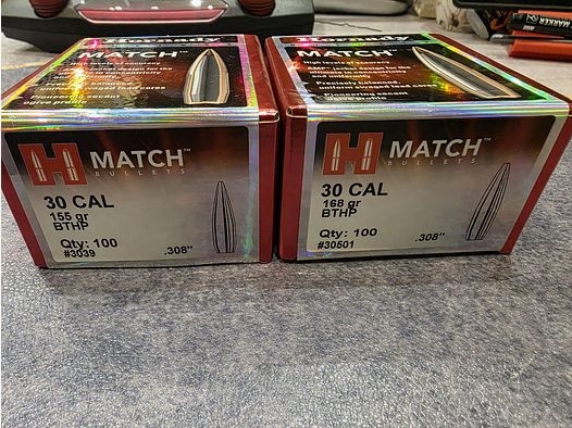 1x 100 Stück .30 .308 155gr 3039 und 1x 100 Stück .30 .308 168gr 30501 Hornady Match Geschoss 200 Stück