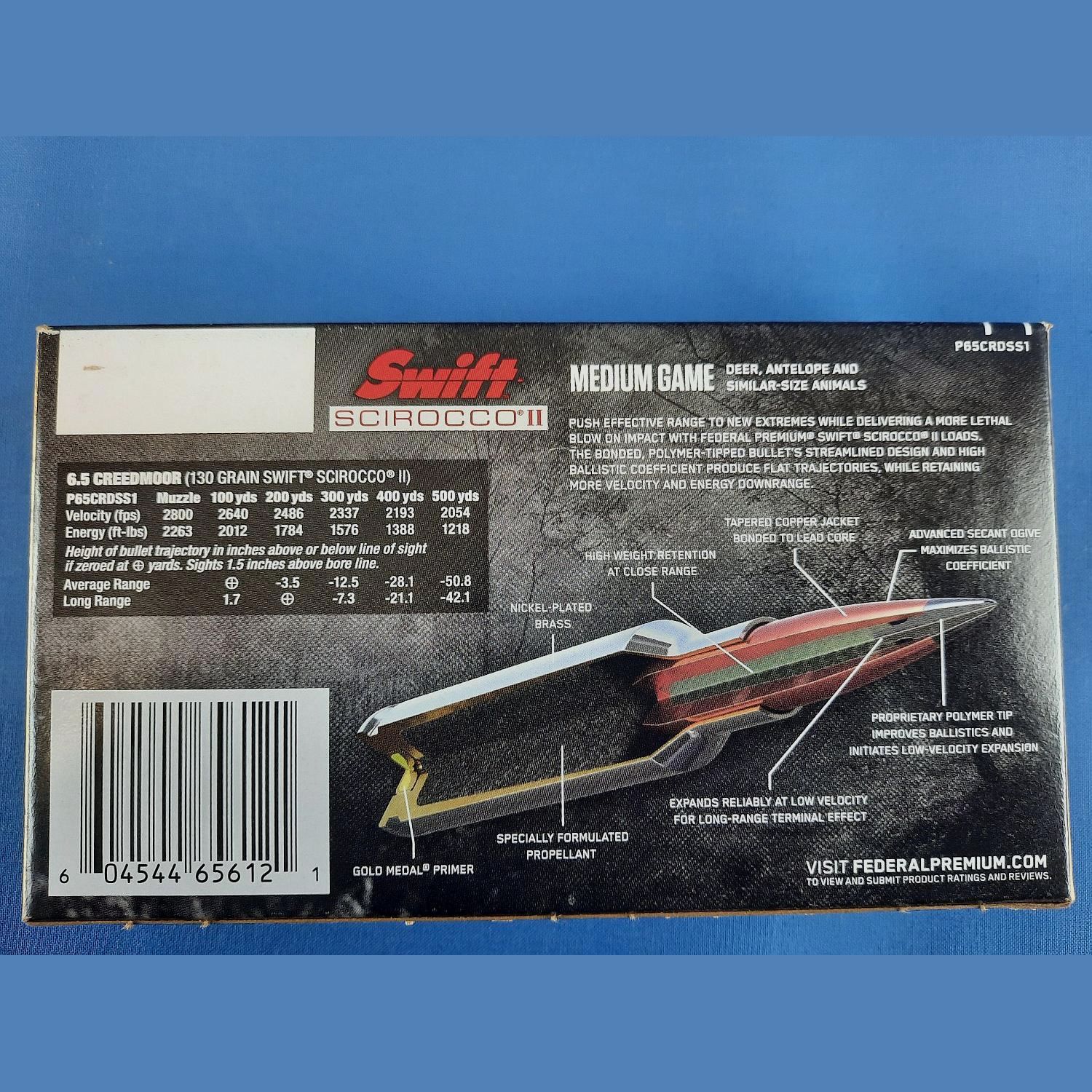 Federal Premium 6,5 Creedmoor 130grs. Swift Scirocco II, immagine 2 di 3