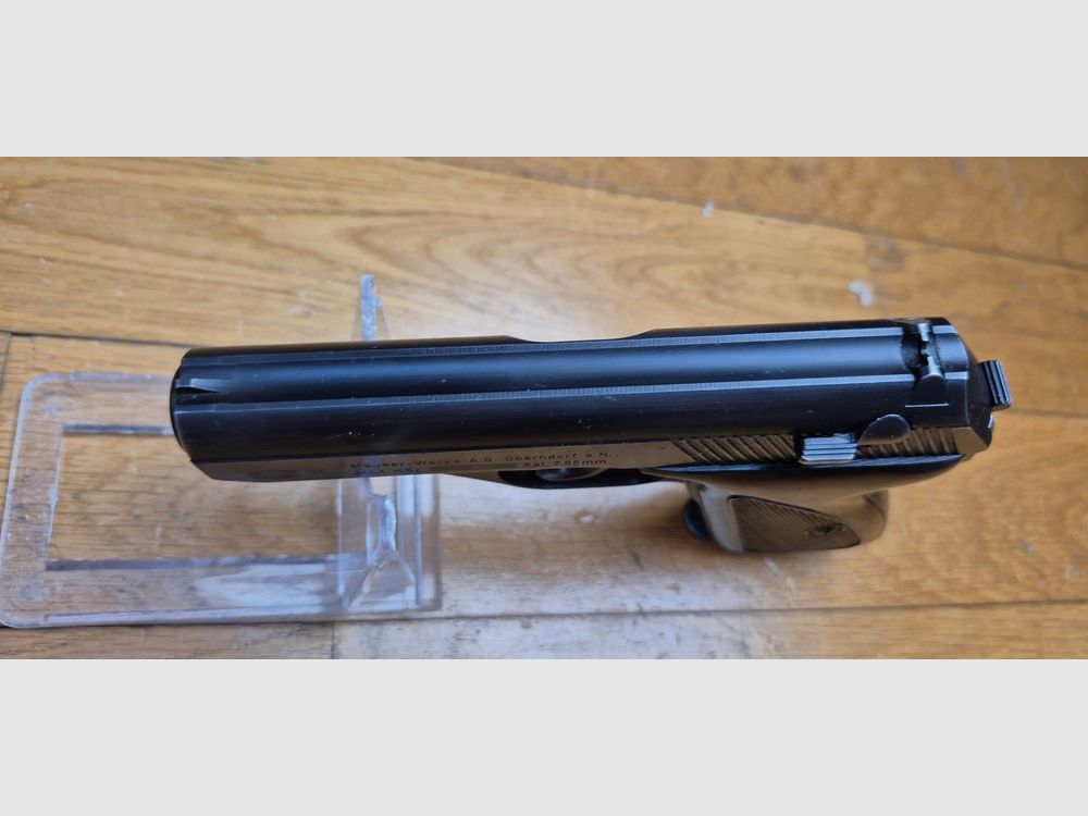 Schöner Mauser Pistol Modell HSC – Seltene Mauser-Herstellung unter französischer Besatzung – In 7,65mm und acht Schuss – 1945 – Mindestens ebenso seltene originale Fantasie-Hülle – Sehr guter ästhetischer und mechanischer Zustand – TBE+/ TBE++, Bild 11 von 19