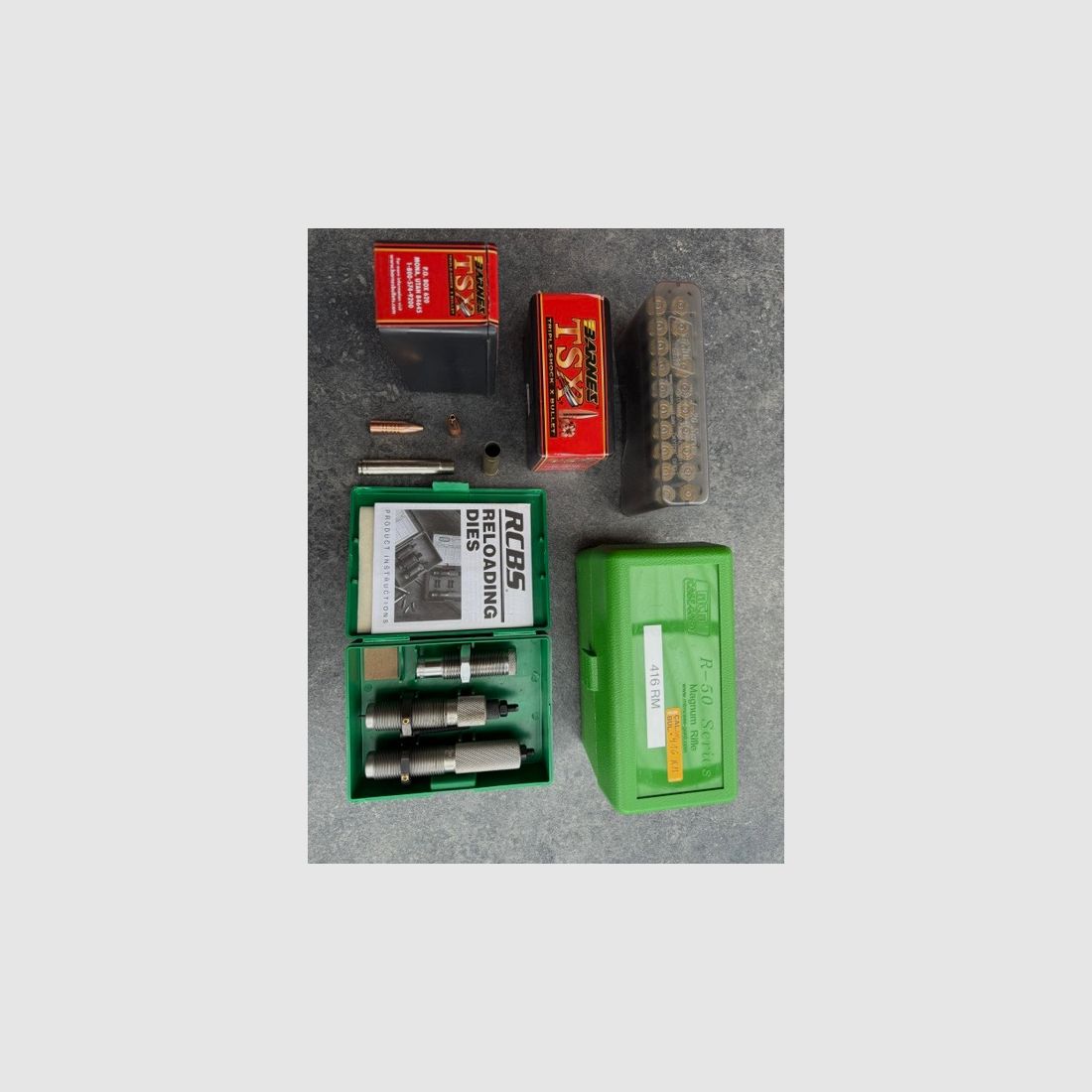RCBS die set for caliber .416 Remington Magnum with cases and bullets