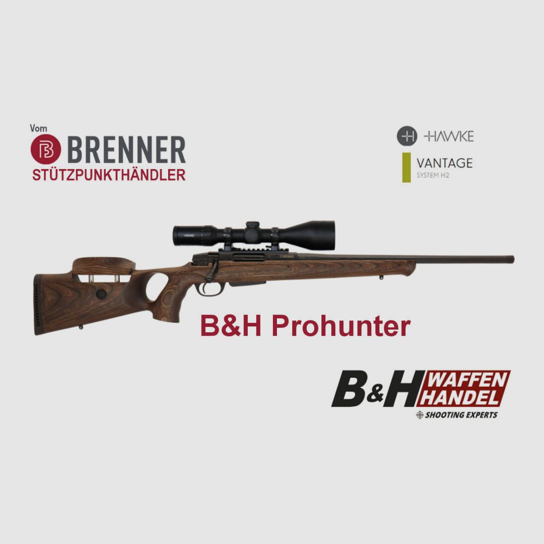 Pacchetto completo Brenner: BR20 B&H Prohunter calciatura con Hawke 3-12x56 montato pronto.