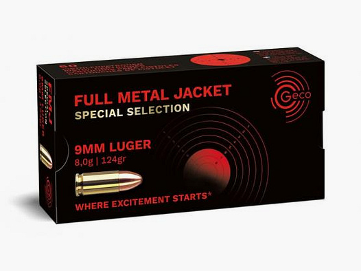 GECO 9mm Luger Full Metal Jacket SPECIAL SELECTION 8,0g/124gr - 259,00€ per 1000 Schuss!