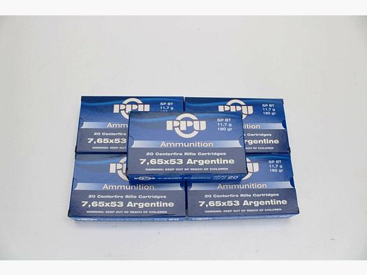 100 schoten PPU 7,65x53 Argentijns met SP BT 11,7g / 180gr. gedeeltelijke jas 5x20