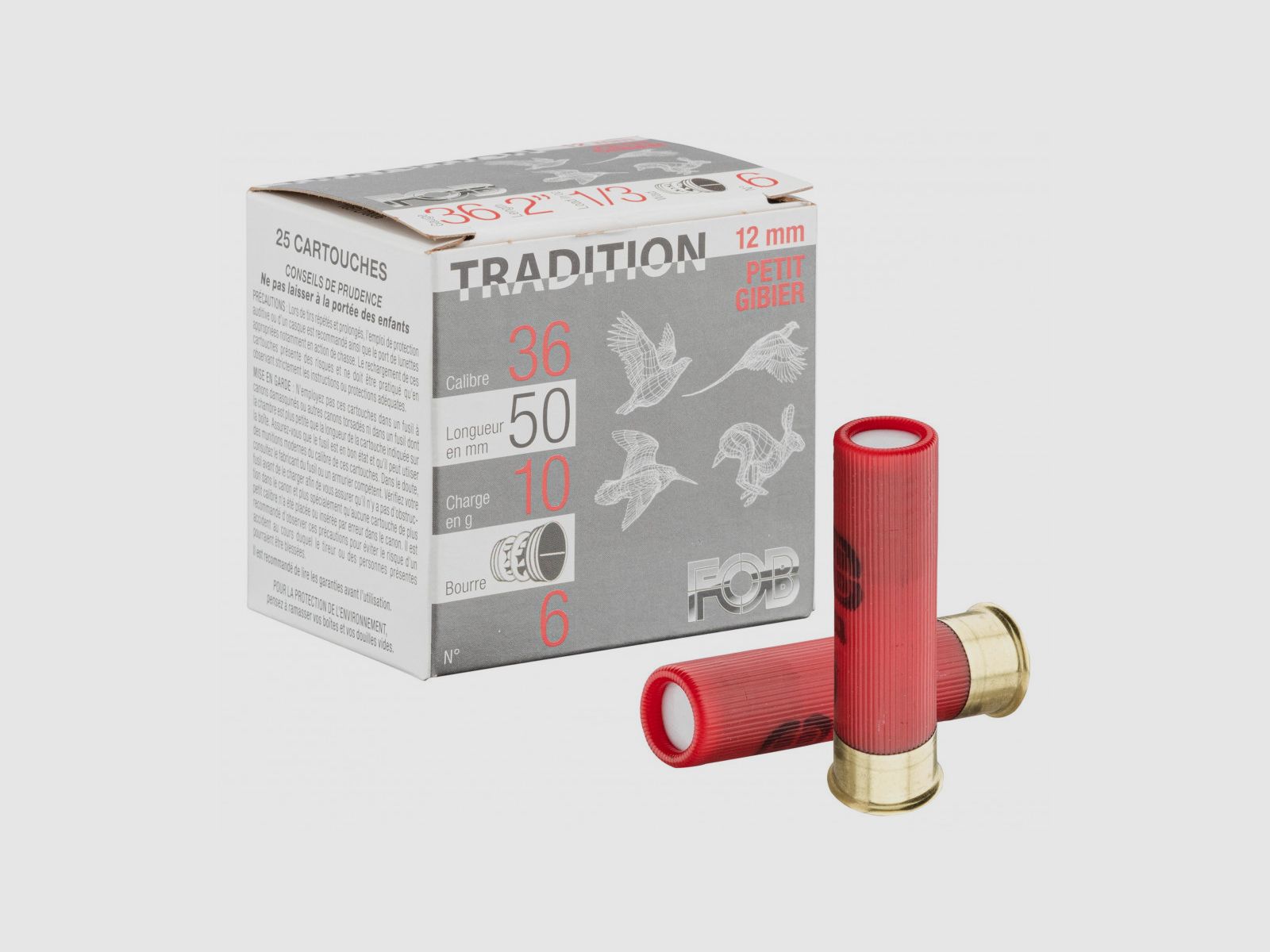 FOB Patronen Tradition Kleinwild Kaliber 36 (12 mm) Bleischrot Nr. 6 - 25 Stück, Bild 2 von 2