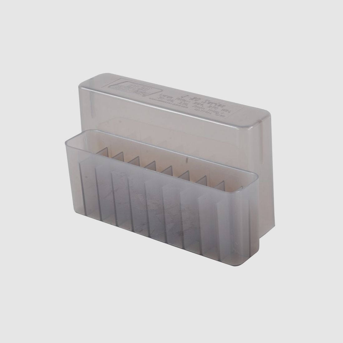 MTM scatola per cartucce J-20-L-41 trasparente con coperchio per 20 cartucce .30-06 e altre.