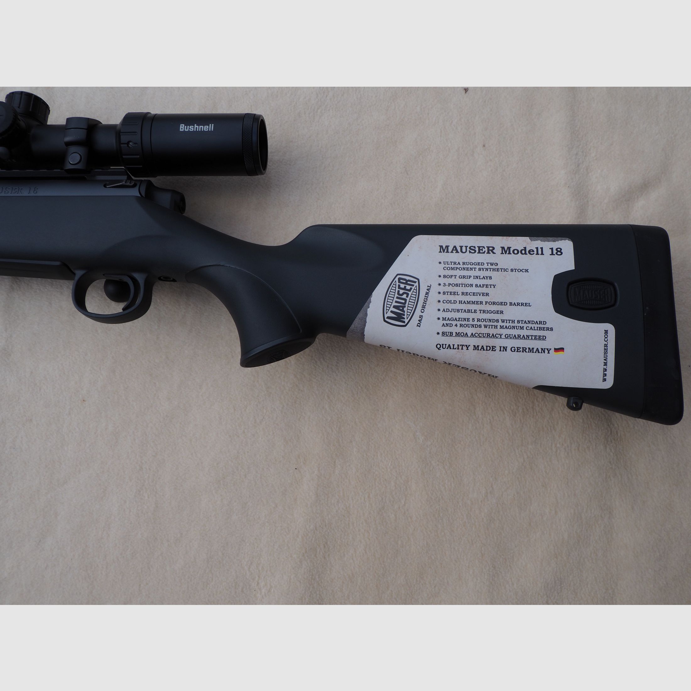 Sehr schöne Mauser, Modell 18, Kaliber 8x 57 IS mit Zielfernrohr Bushnell Prime 3-12x56, Neu 2022 gekauft, ungebraucht!