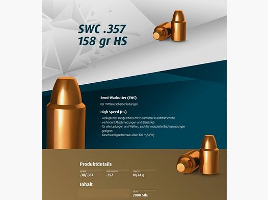 2000St. H&N Geschosse .357 SWC HS 158grs - .38/.357 | Haendler&Nattermann BLEIGESCHOSSE