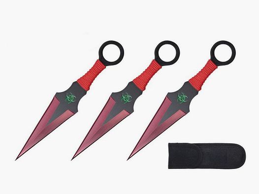 Set di 3 coltelli da lancio Kunai rossi con fodero in nylon