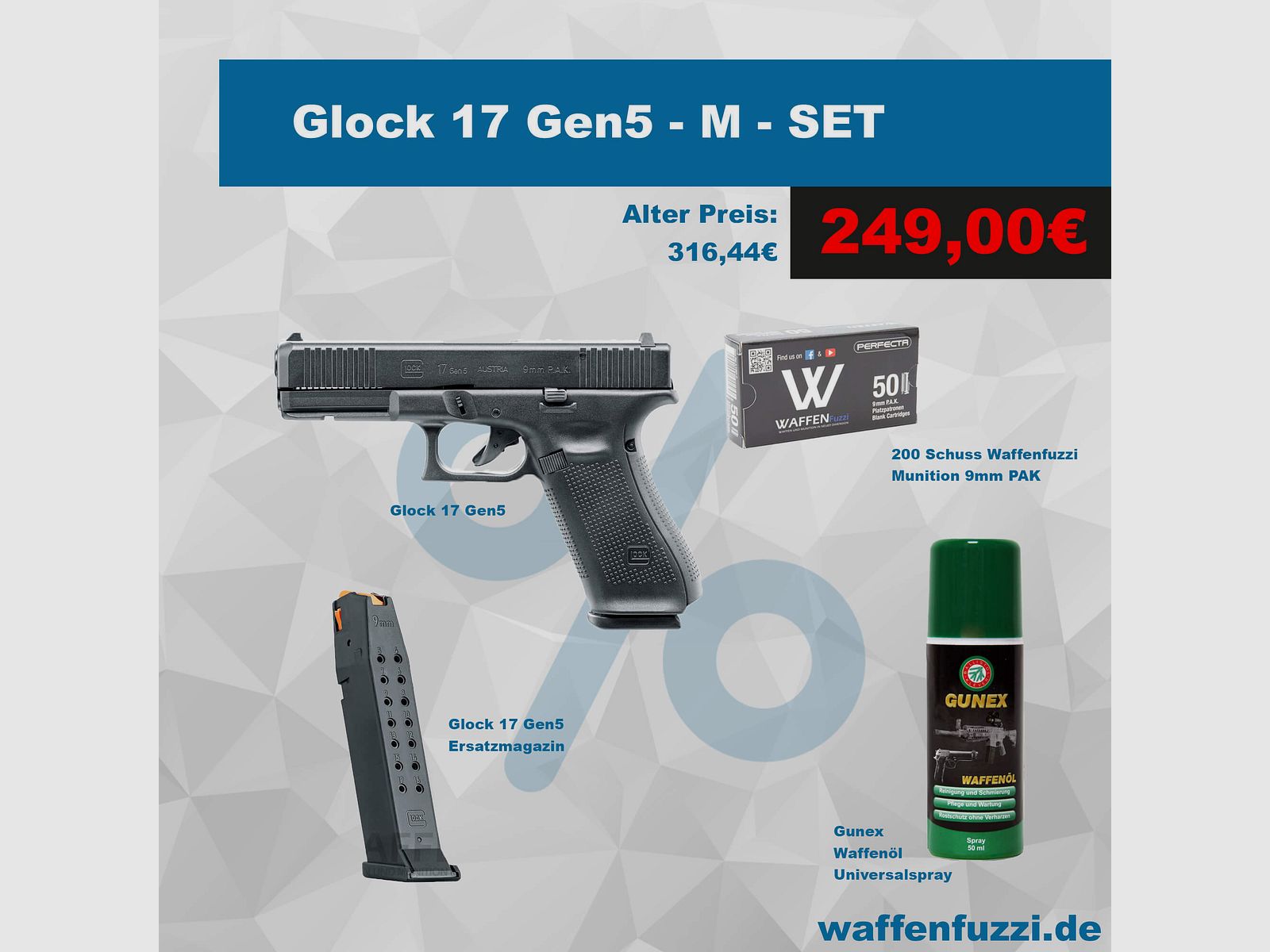 Glock 17 Gen5 Blank Firing Pistol Set "M" Caliber 9mm PAK