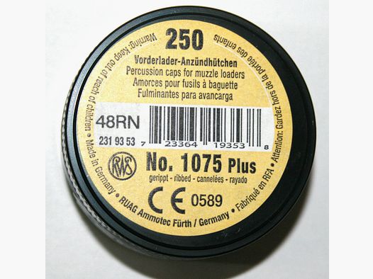 2500 Stück RWS Vorderladeranzündhütchen#1075 PLUS verstärkt 4,47mm gerippt 10 Dosen á 250 #2319353