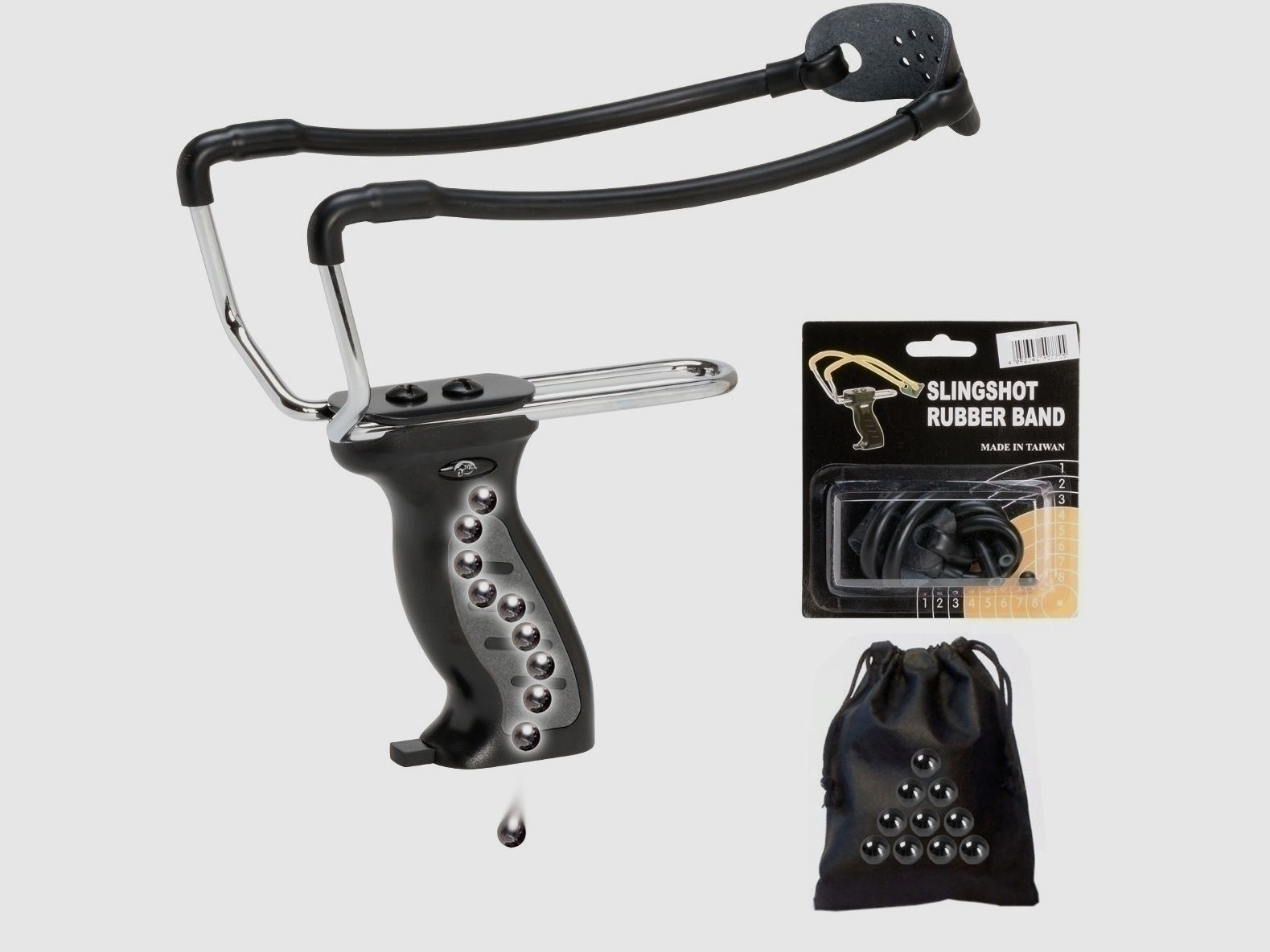 Power slingshot black with replacement rubber and 200 steel balls in the box