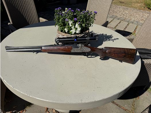 Merkel Meisterstück Seitenschloss Bockflinte, Bockbüchsflinte et Bockbüchse 203E Calibre 12/70 .30R Blaser & 9,3x74R