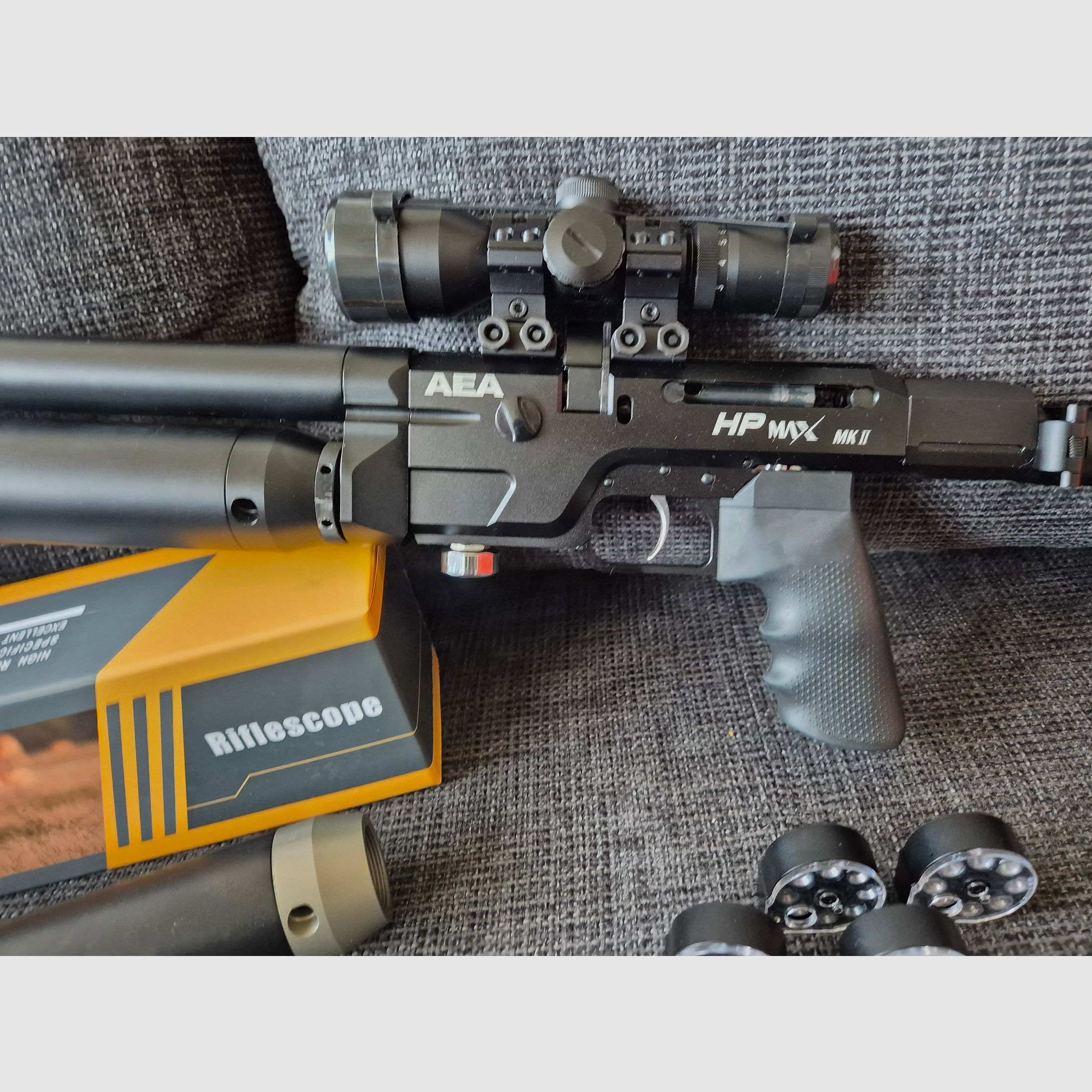 AEA HP Max MK2 9mm/.357 conjunto completo: 5 cargadores, 2 tanques, compresor VEVOR, ópticas y accesorios (GoGun 03/2025)