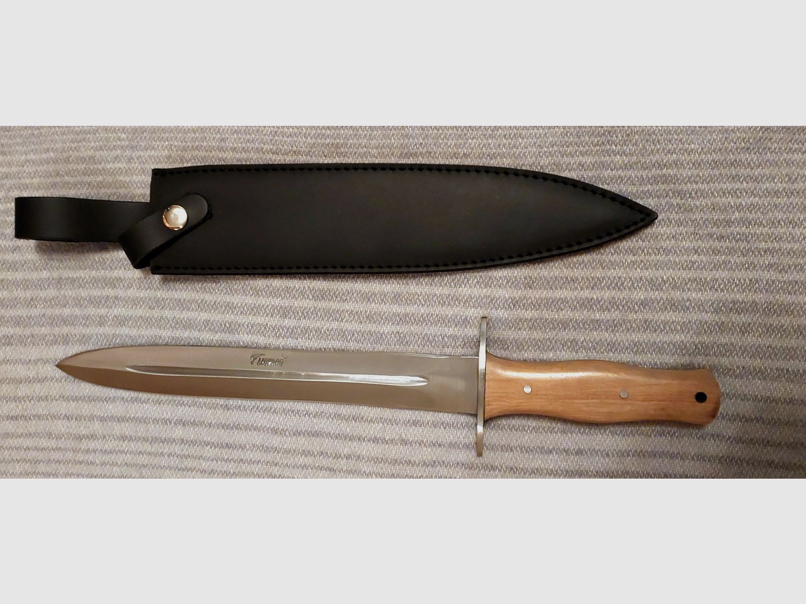 Saufänger – Grande coltello da caccia, affilato su entrambi i lati, manico in legno di teak, con fodero in pelle NUOVO